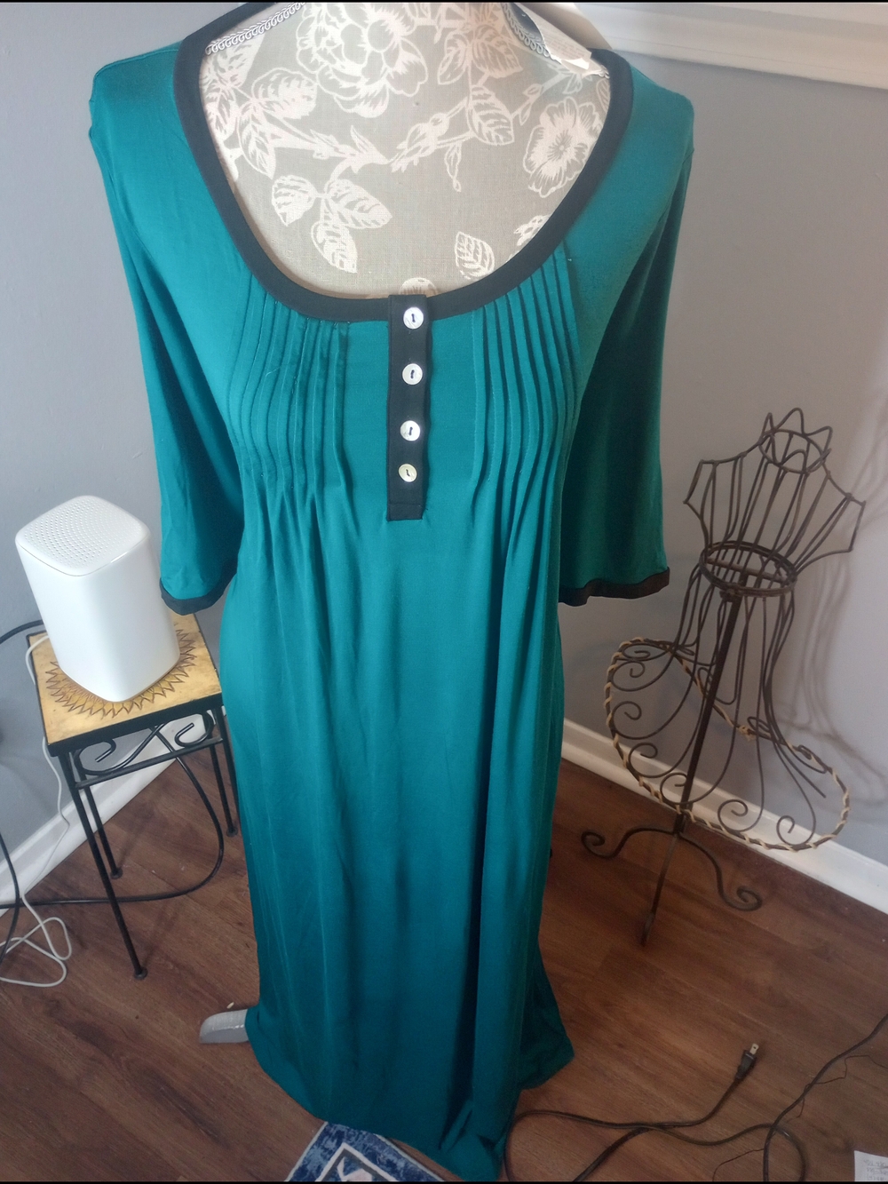 Pine Green Pleated Button-Front Maxi Dress with Black Trim Khol's